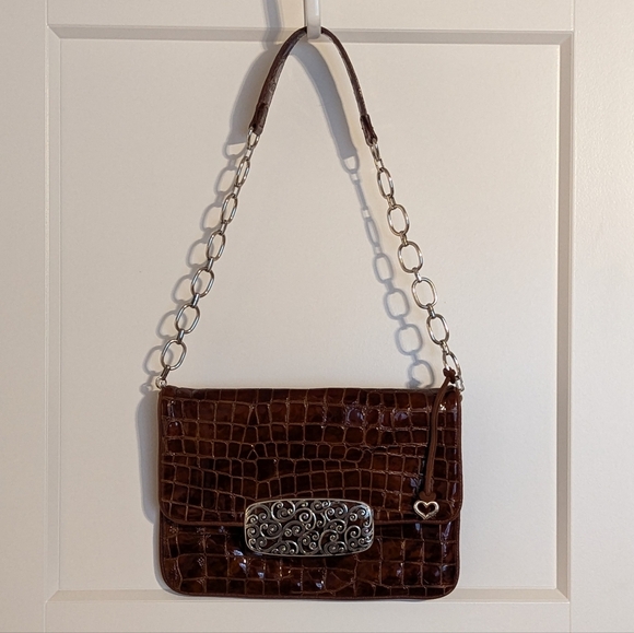 Brighton All You Need Is Love faux croc brown patent leather shoulder bag - Picture 1 of 5